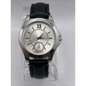 Geneva Women's Quartz Watch Silver 35mm Case Black Faux Leather Band-New Battery